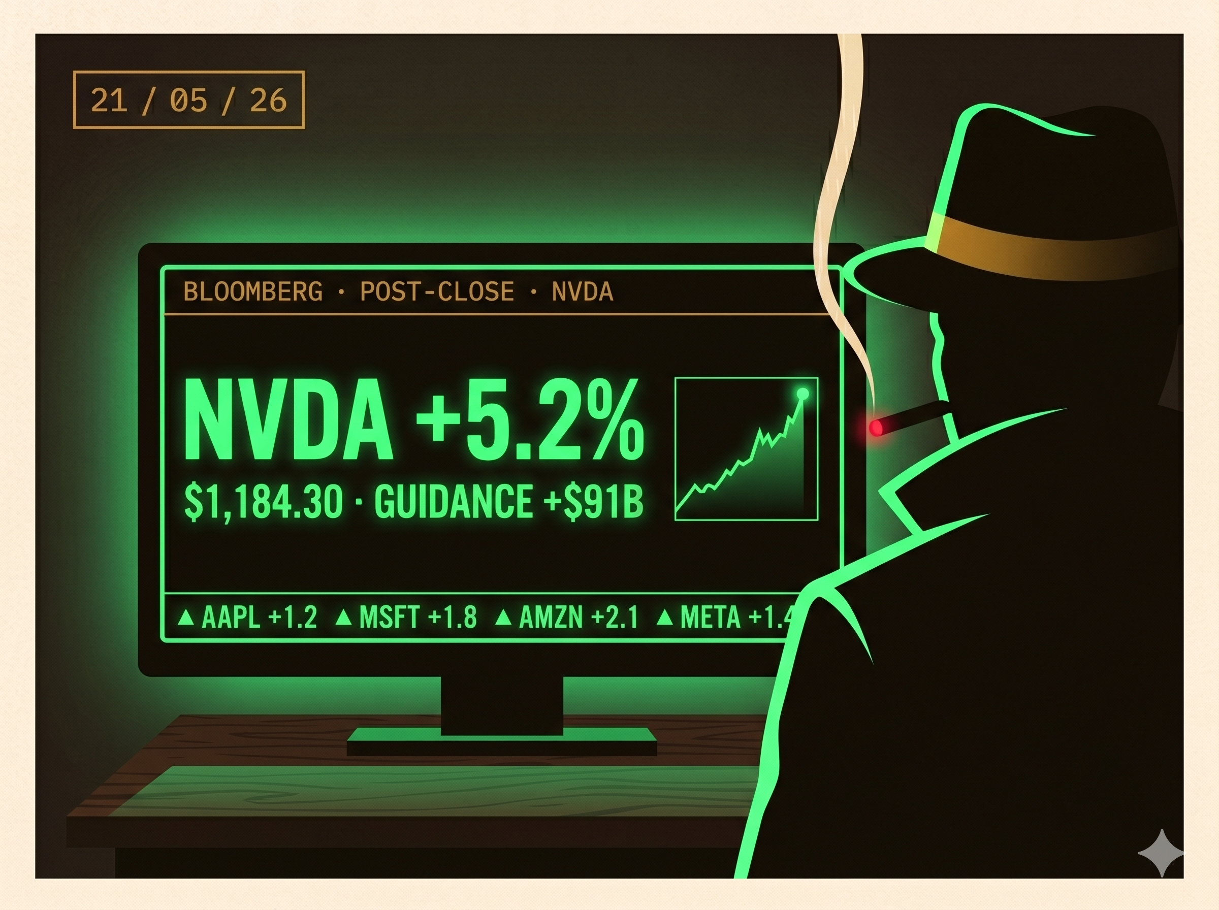 Adze at his Bloomberg terminal in pre-dawn Kota Kinabalu. Screen shows NVDA +5.2% in green.
