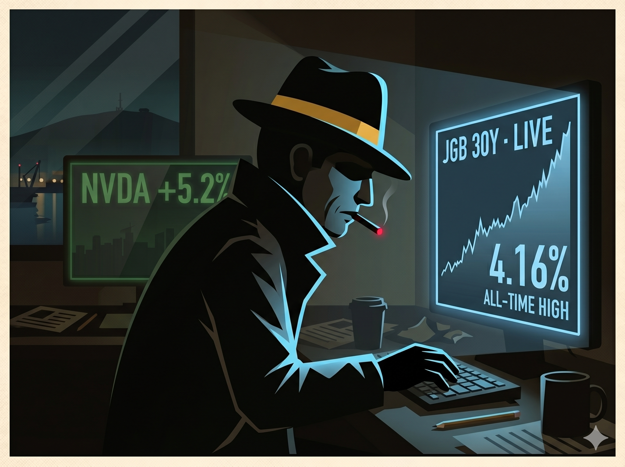 Adze switches terminals — NVDA fading on the left, Japan 30-year bond rising to 4.16% on the right.