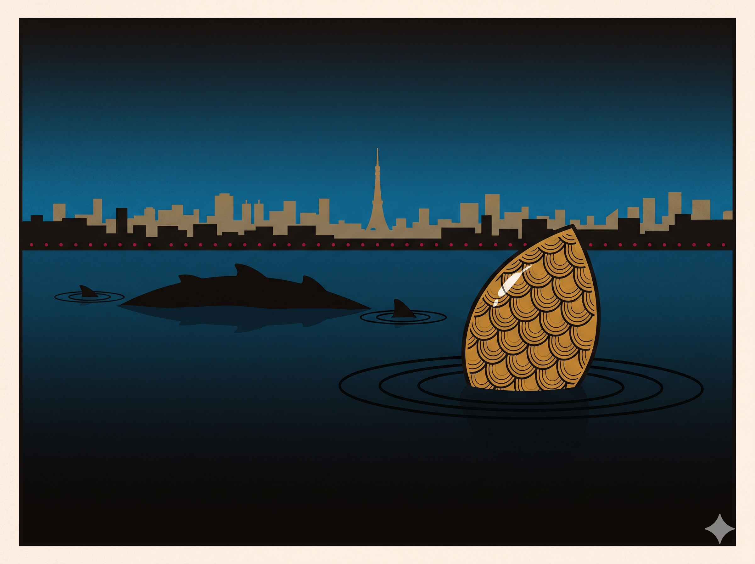 Silent. Tokyo Bay at night. A single copper-gold dragon scale breaking the water surface, with the hint of a submerged spine beneath.
