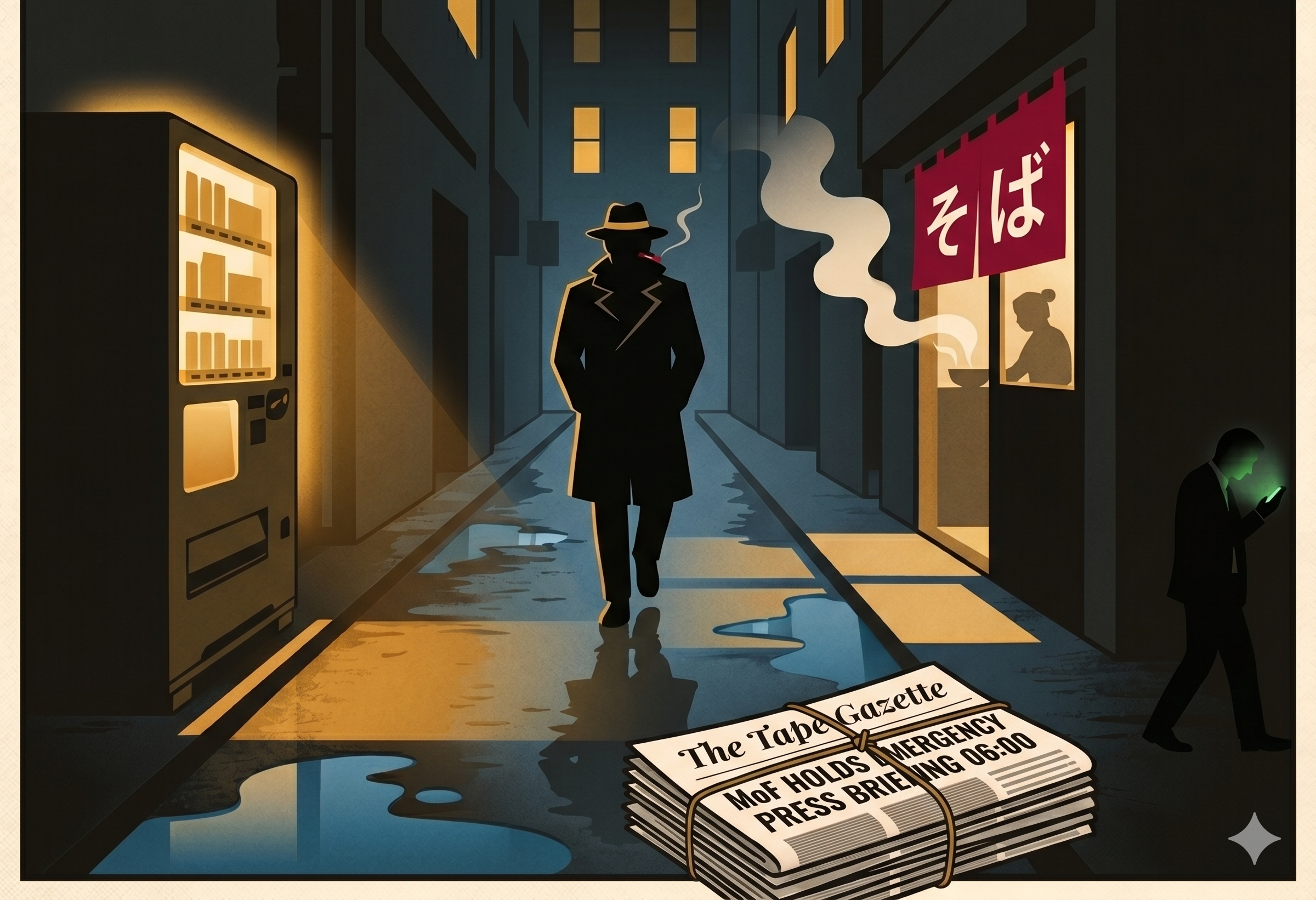 Adze walks down a wet Tsukiji alley before dawn. Vending machine and noodle shop steam light his silhouette. A Tape Gazette bundle on the kerb reads MoF EMERGENCY PRESS BRIEFING 06:00.