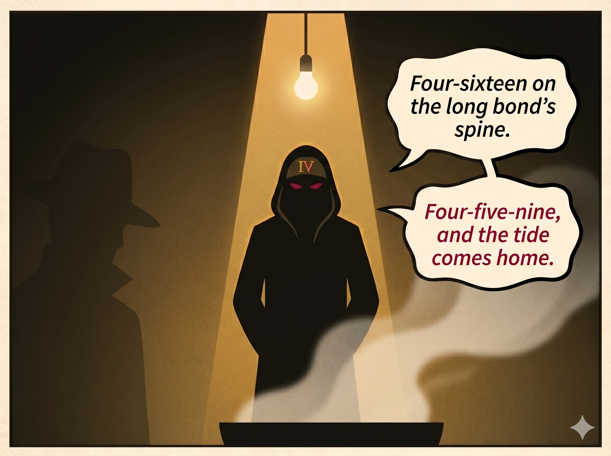 Mr. Four, hooded oracle, under a single bulb in his noodle shop. Two speech bubbles: Four-sixteen on the long bond's spine, and Four-five-nine and the tide comes home.