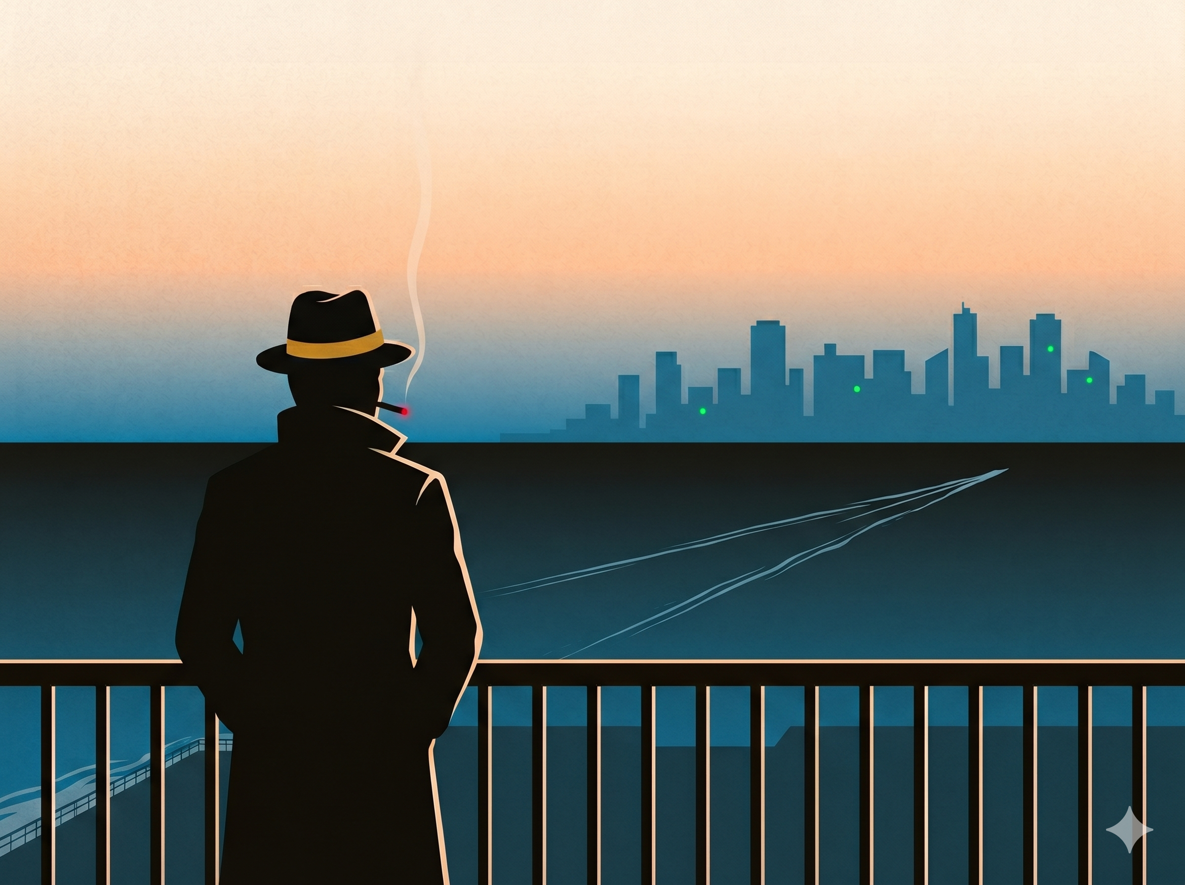 Silent. Adze in back-view at a Tokyo balcony at first light. Cigarette ember glowing, smoke trail rising. A single long diagonal wake across the bay. Two green NVDA-glow windows still lit in the distant skyline.