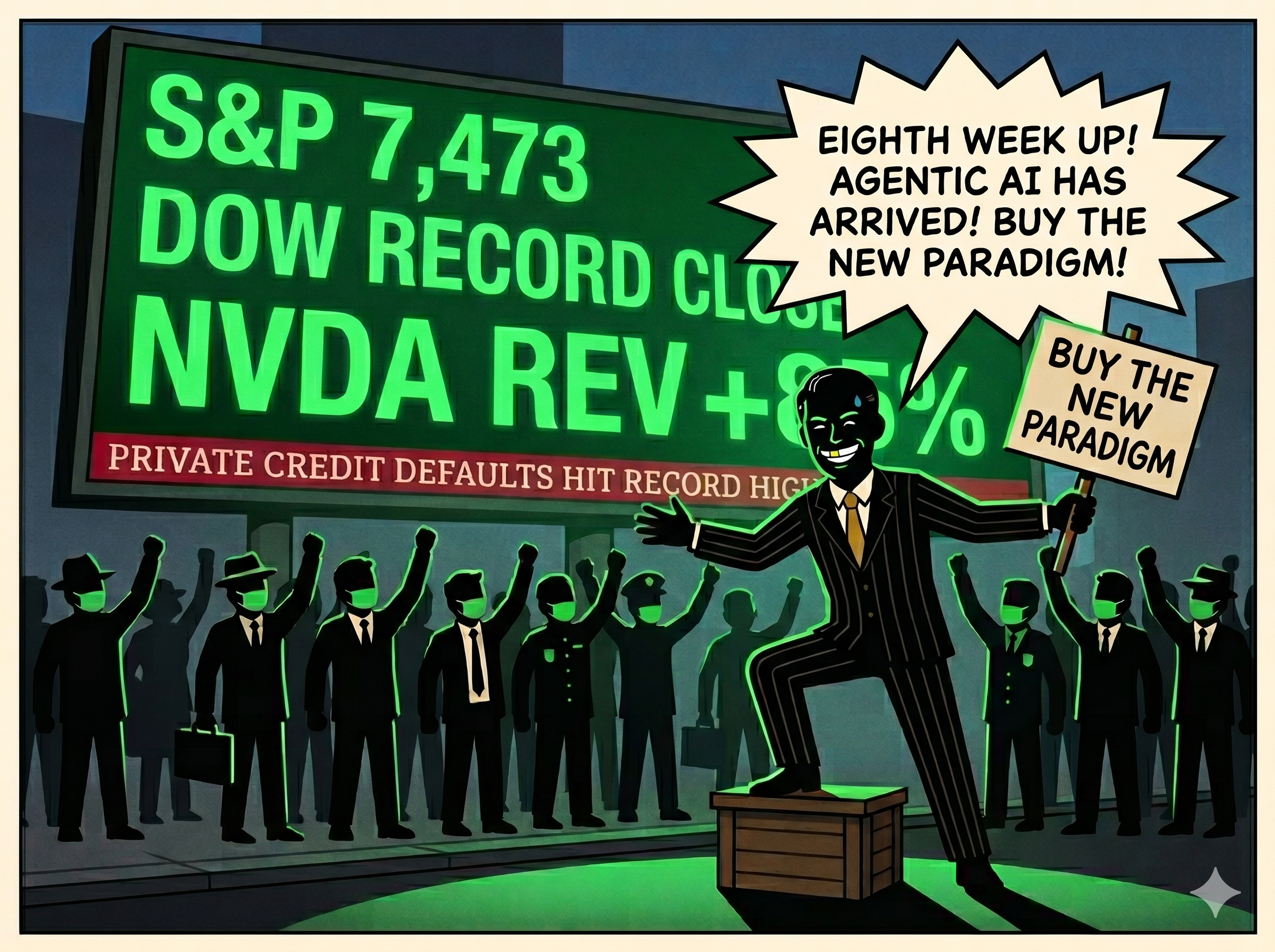 Times Square at dusk. A giant LED billboard cycles three numbers — S&P 7,473, DOW RECORD CLOSE, NVDA REV +85%. Slick Tatsumi on a soapbox mid-pitch, the crowd's faces lit green. A small chyron at the bottom of the screen reads PRIVATE CREDIT DEFAULTS HIT RECORD HIGH — nobody looks down.