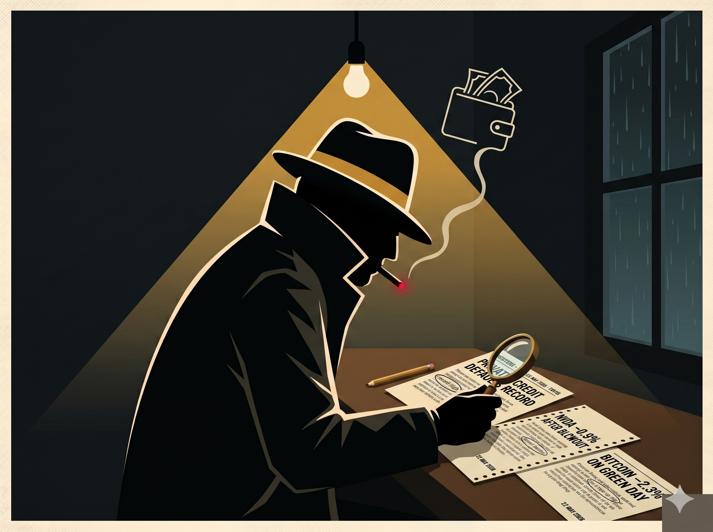 A 24-hour wire service office. Single overhead bulb. Adze alone at a long counter. Three clippings spread under a brass magnifying glass — PRIVATE CREDIT DEFAULTS RECORD, NVDA -0.9% AFTER BLOWOUT, BITCOIN -2.3% ON GREEN DAY. Each dated 22 MAY 2026. His cigarette smoke drifts upward and forms — barely — the shape of an open wallet.