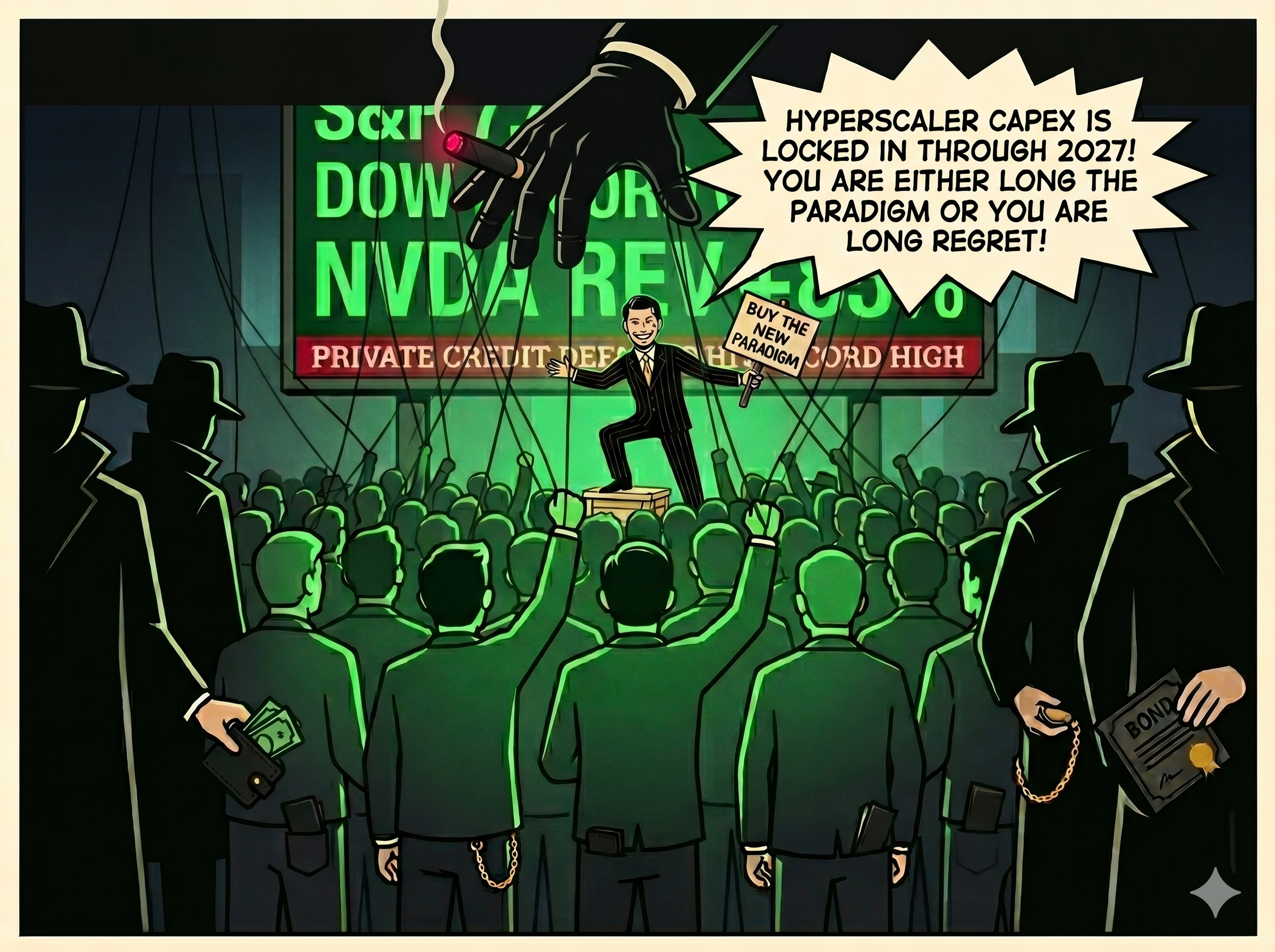 Pull back from Slick's soapbox. The crowd is enormous, faces lit green. At the edges of the crowd, in shadow, men in long coats are quietly lifting wallets, pocket watches and bond certificates from the people in the front rows. The lifters are nobody we know. They are just the system.