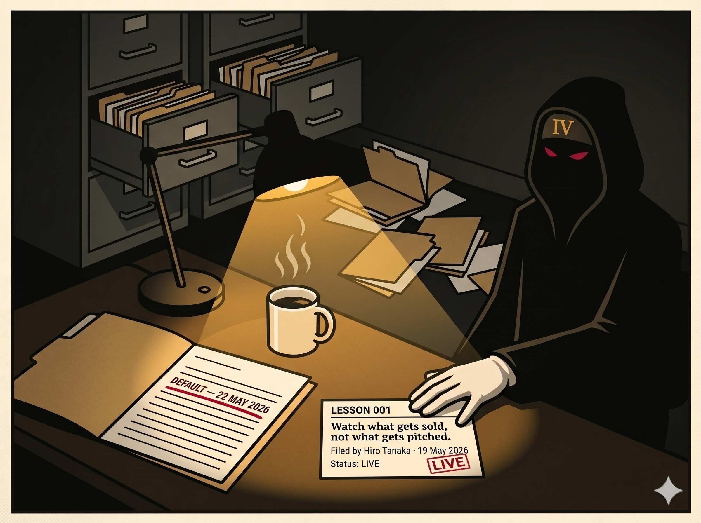 A private credit firm's back office. After hours. Filing cabinets pulled open, loan files scattered, a coffee cup still steaming on a desk — someone left in a hurry. In the corner, half in shadow, Mr. Four. Crimson eye-glints. One hand resting on a single filing card: LESSON 001 — Watch what gets sold, not what gets pitched. Filed by Hiro Tanaka · 19 May 2026 · LIVE.
