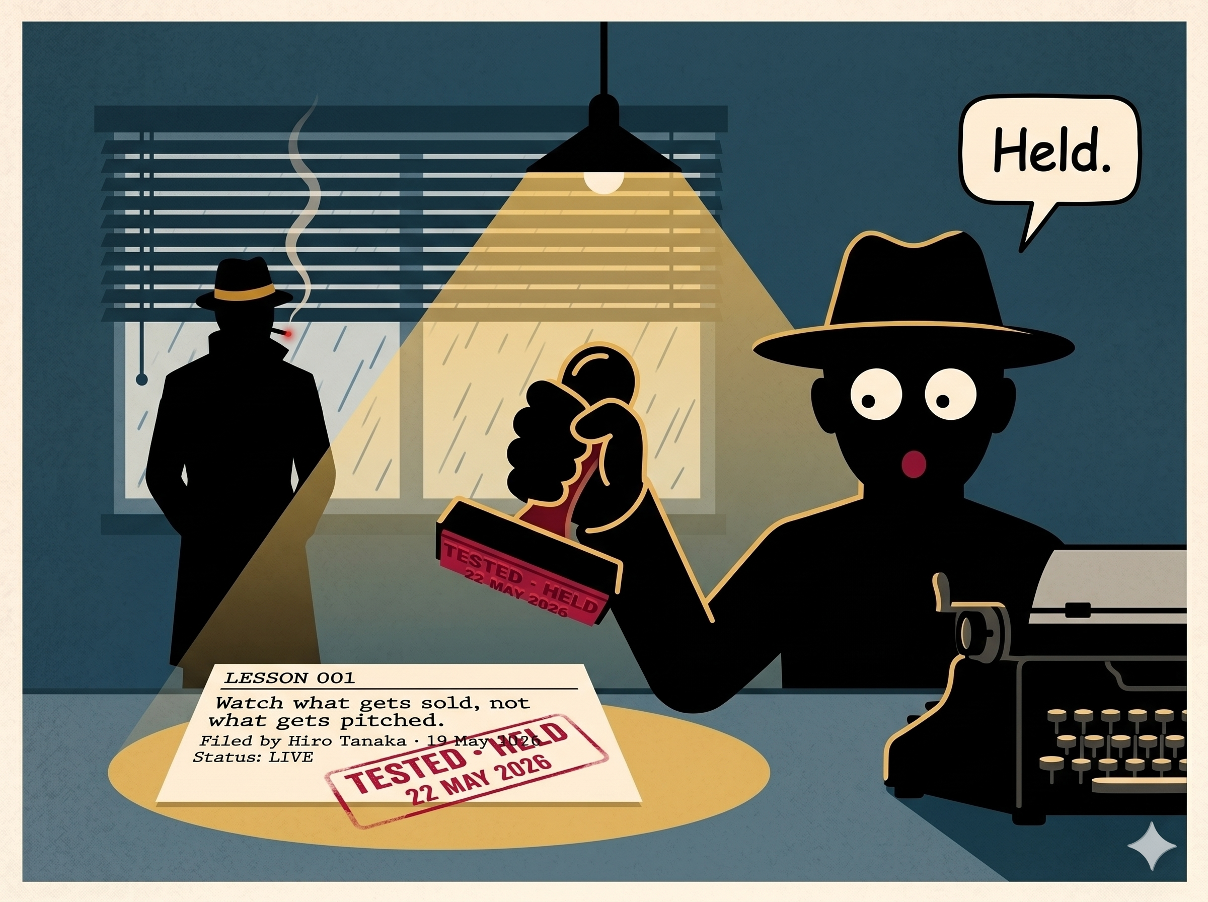 The Tape Gazette room. Old typewriter under a single overhead lamp. Rain against the window. Hiro Tanaka at the typewriter, but not typing — in his hand a wooden-handled red rubber stamp coming down on the Lesson 001 filing card. The red ink reads TESTED · HELD · 22 MAY 2026. Adze stands in silhouette by the blinds, cigarette smoke rising. He watches. He does not narrate into the room.