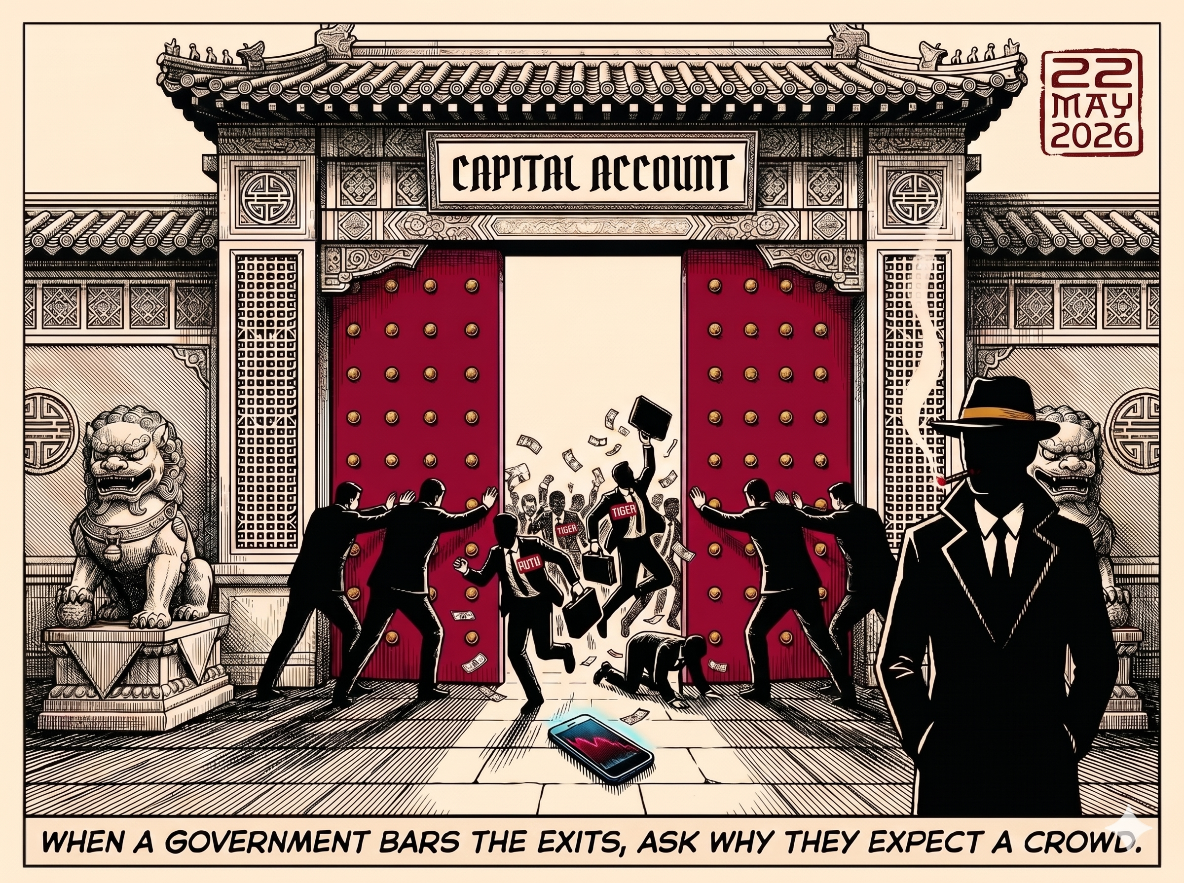A massive Chinese imperial gate labelled CAPITAL ACCOUNT is being pushed closed by ink-silhouette bureaucrats while small figures wearing FUTU and TIGER badges try to flee through the narrowing gap with briefcases of cash. A dropped smartphone on the stone floor shows a crashing crimson stock chart. Adze — black silhouette, fedora with gold band, cigarette ember glowing — stands calmly at the right edge of the frame watching. Caption: WHEN A GOVERNMENT BARS THE EXITS, ASK WHY THEY EXPECT A CROWD.