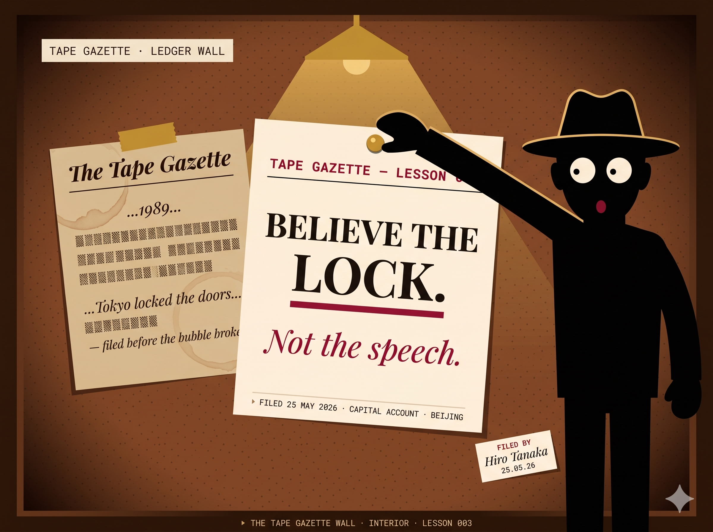 The Tape Gazette ledger wall. Hiro Tanaka — black silhouette, fedora, shocked-eye ovals and crimson O-mouth — stands at the right, arm extended, pinning LESSON 003 with a brass tack. The card reads BELIEVE THE LOCK. Not the speech. Filed 25 May 2026, Capital Account, Beijing. Behind it, an older faded clipping from 1989 reads 'Tokyo locked the doors — filed before the bubble broke.' A warm bulb cone lights the cards from above; the corkboard wall is warm brown.