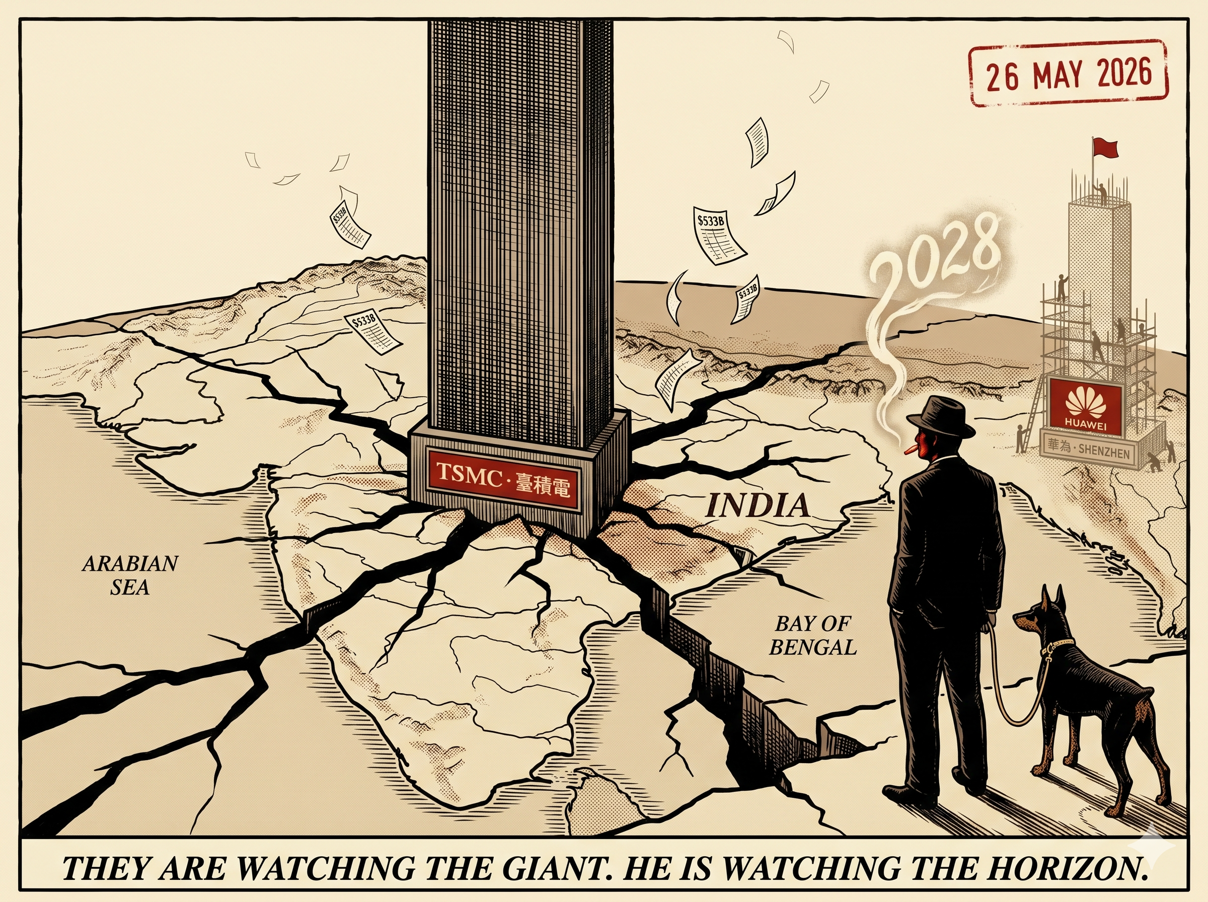 A semi-aerial woodblock cartoon of the Indian subcontinent. A colossal silicon-wafer pillar labelled TSMC has come down on India and is planted into its heart. Deep black cracks spider outward across the entire subcontinent in a star pattern. Small ledger pages reading $533B flutter up out of the widest fissures. On the eastern horizon, faint and half-built, a second tower under construction with a small red flag at its crown and a plaque reading 華為 · SHENZHEN — the Huawei tower rising. Adze, the silhouette in a dark suit and fedora, stands on India's broken surface at right, facing the rising horizon tower, NOT the TSMC pillar. His cigarette ember glows bright red and smoke curls upward into the chyron text 2028 before dissolving. At his heel, Twelve the Doberman stands alert, gold collar, cream cord leash visible, nose also pointed to the horizon. Top right: a red hanko-style date stamp reading 26 MAY 2026. Caption: THEY ARE WATCHING THE GIANT. HE IS WATCHING THE HORIZON.